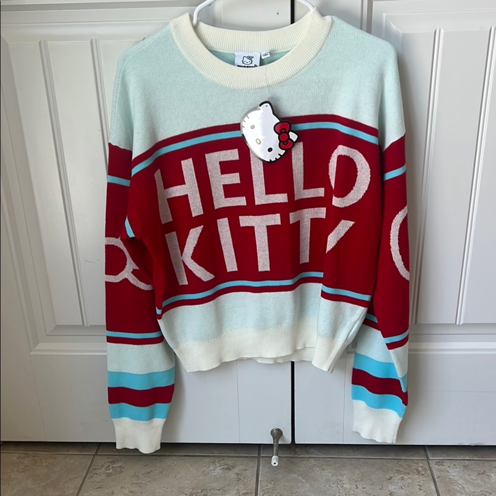 Hello Kitty Red and White Crew Neck Sweater with Sporty Stripes